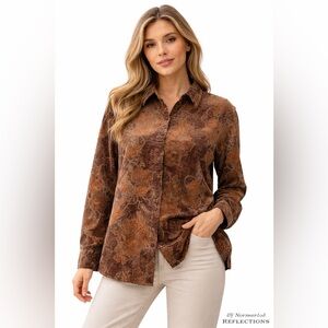 Northern Reflections XL Brown Leaf Print Corduroy Button-Up Shirt